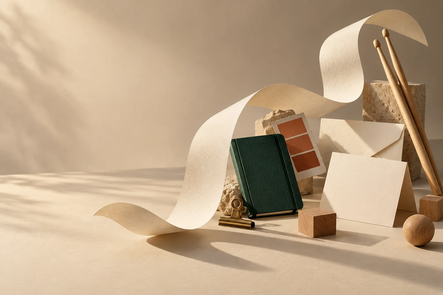 Conceptual paper ribbon linking a notebook, printed stationery, learning blocks and drumsticks
