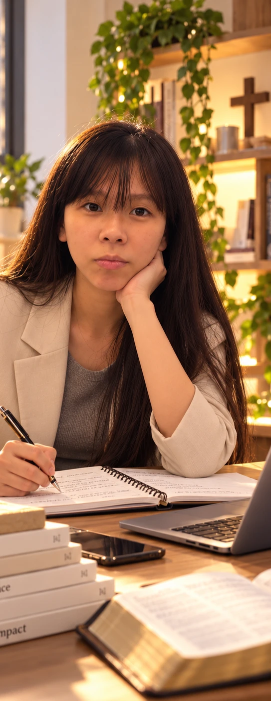 Looi E Ling seated at a desk, from her supplied portfolio